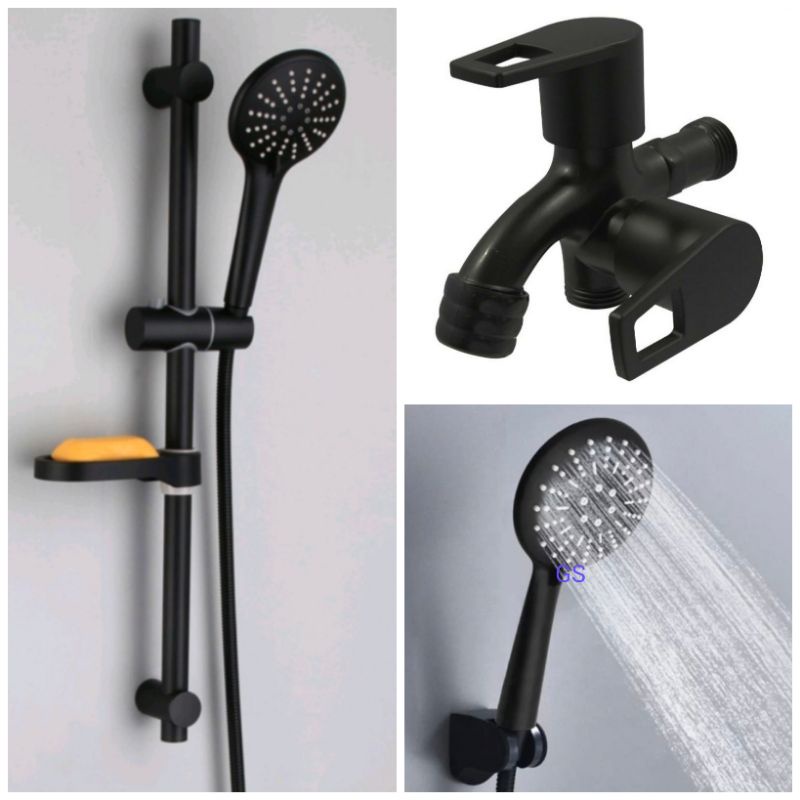 Shower Tiang Stainles Hitam Set - Tiang Shower 3 in 1 Stainles Black - Shower Tiang Kran Bathub Panas dingin Set Shower Tiang Keran Cabang Double 2 lobang