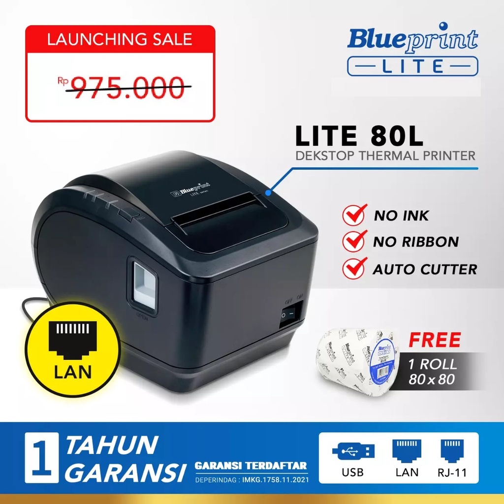 Blueprint Lite 80L Printer Thermal Kasir Struk Minimarket Label (LAN + USB + RJ11)