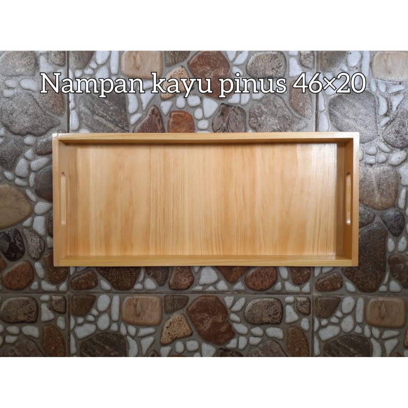 Baki Kayu/Nampan kayu/Tray kayu pinus panjang 46x20x4cm pegangan datar