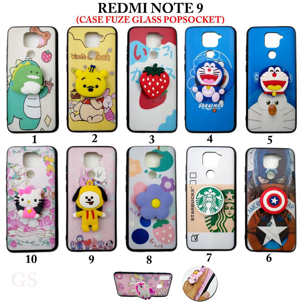 REDMI NOTE 9 Case Fuze Glass FREE  Popsocket Cute hardcase motif cewek