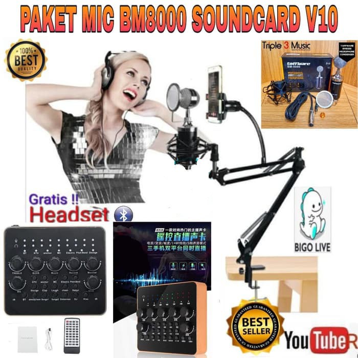 Paket Mic BM8000 Soundcard V10 Bluetooth Remote Stand D6 Phone Holder