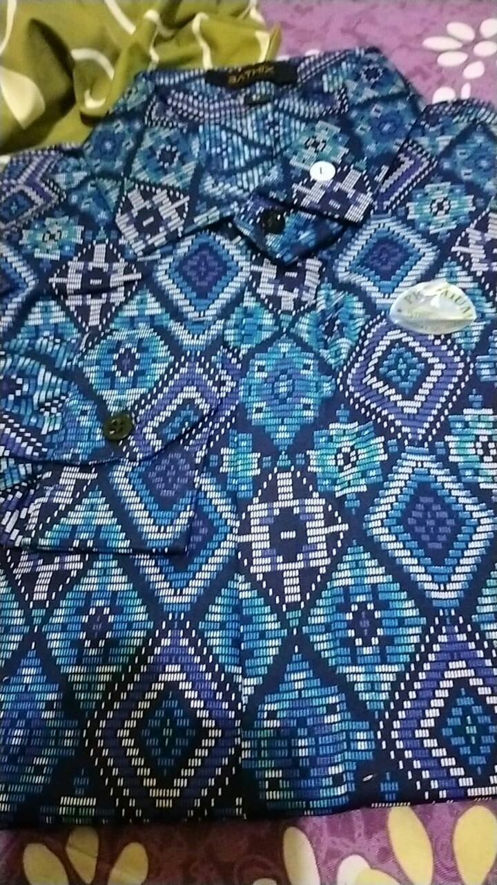 Ondeng88 Kemeja Batik Pria Lengan Panjang Motif Diamond Songket Biru Hitam Merah
