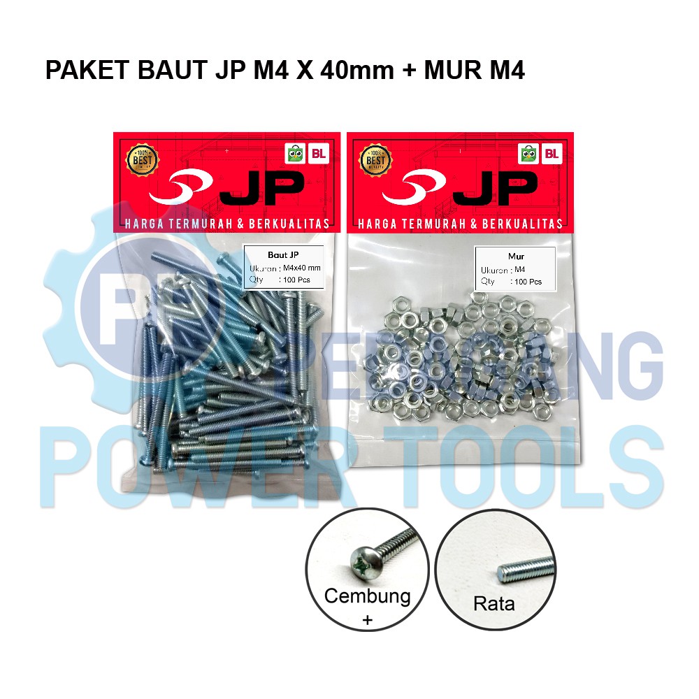 PAKET 2 SET BAUT MUR 4x40 BAUT JP M 4 x 40 MM MUR M4 SKRUP ISI 100 PCS