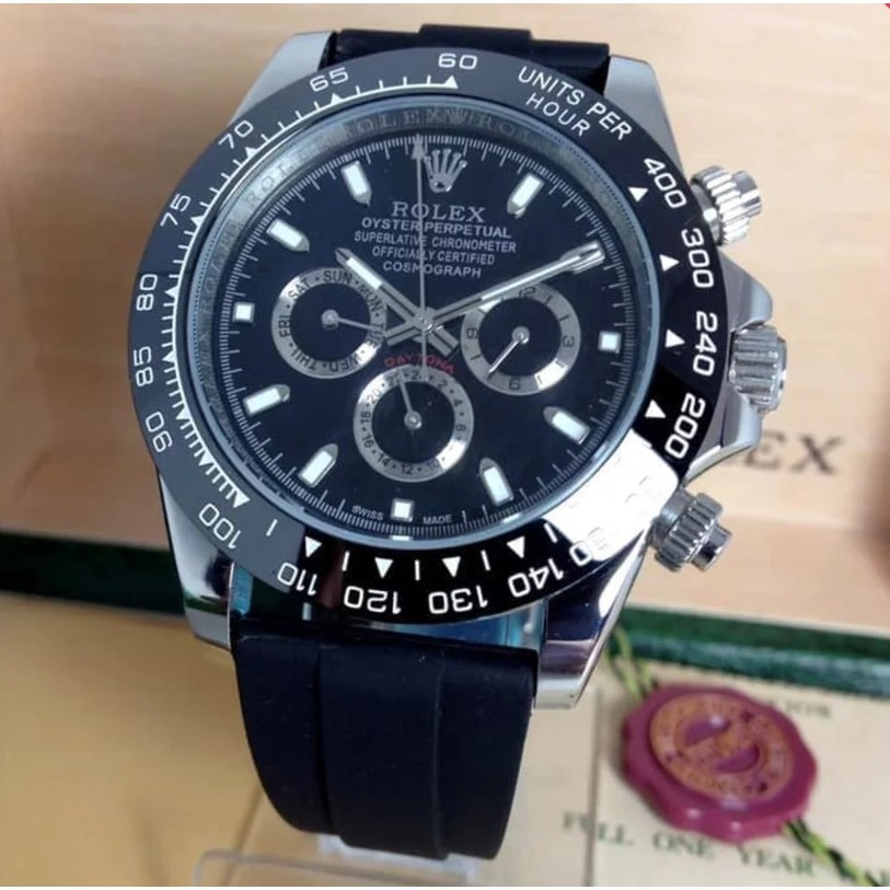 COD Promo Jam Tangan Rolex Daytona Black Rubber Garansi 1th Kaca Anti Gores