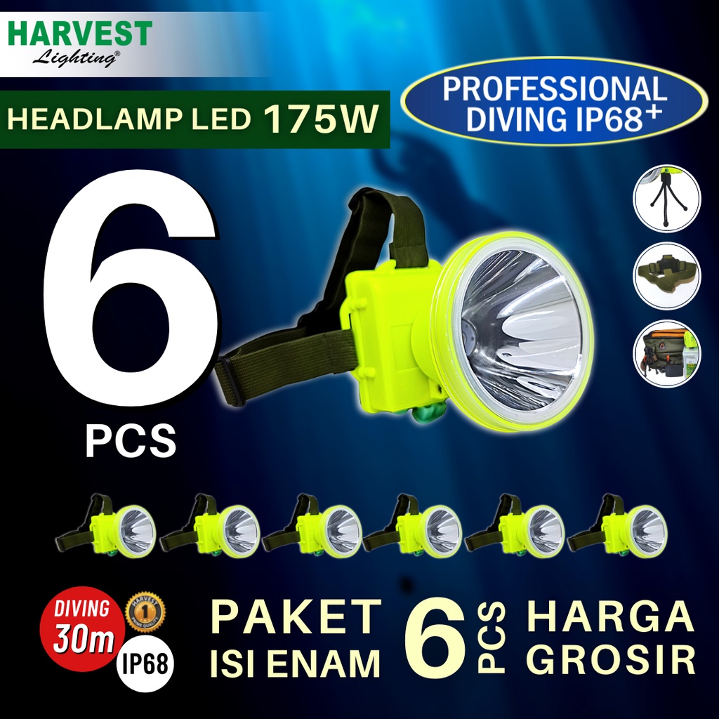 175W - Headlamp Diving  PAKET ISI 6 - HARVEST LIGHTING Senter Kepala Selam LED Professional Diving IP68 8400 MAH Lampu Emergency Selam Spearfishing Travel Hunting Rechargeable  Original Bergaransi