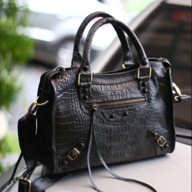 TAS MEDIUM BALEN CROCO EMBOSSED KULIT ASLI WARNA HITAM BISA HANDBAG DAN SELEMPANG