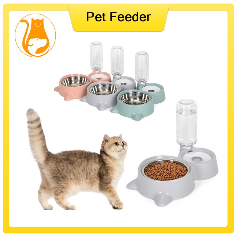 Hugopet Tempat Makan Minum Kucing Anjing Tempat Makan Hewan Otomatis 2 in 1 mangkuk Stainless Steel Auto Water Feeder Dispenser  Pet Feeder Plate