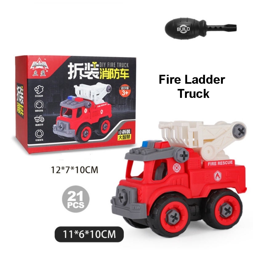 Mainan Anak DIY Bongkar Pasang Merakit Mobil Petani  Kebersihan Pemadam Kebakaran dapat OBENG-Fire Ladder