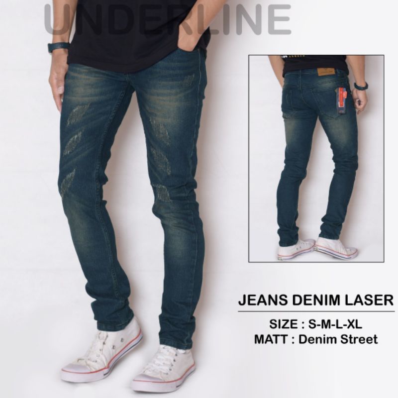 Celana jeans ripped laser daun pria premium , ripped jeans pria tidak tembus original Underline