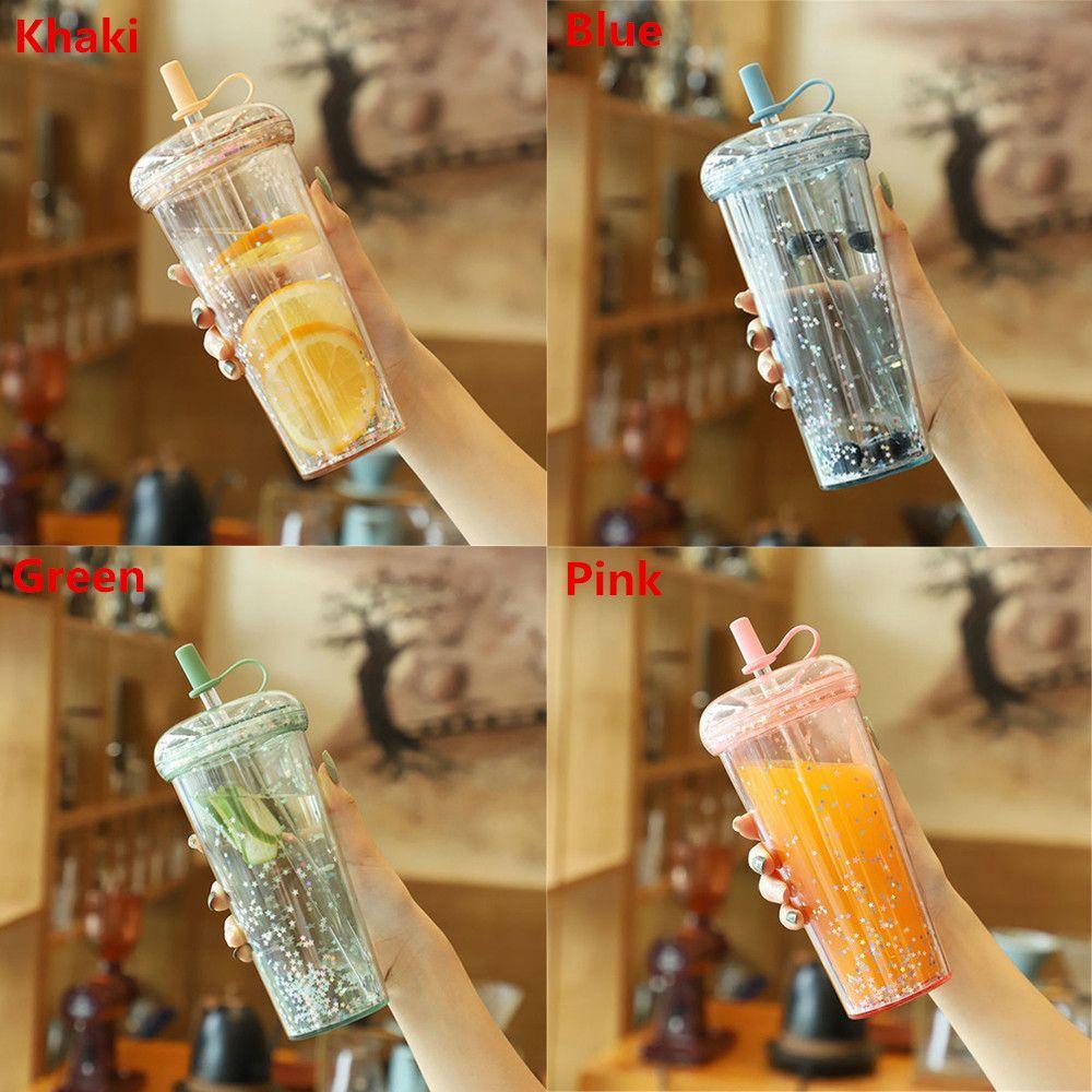 Solighter Botol Air Minum Sedotan Outdoor Glitter Double Layer