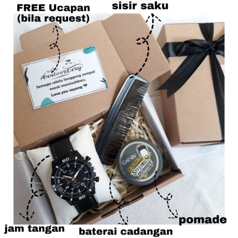 Hampers Cowok Ulang Tahun Jam Tangan Pomade Sisir