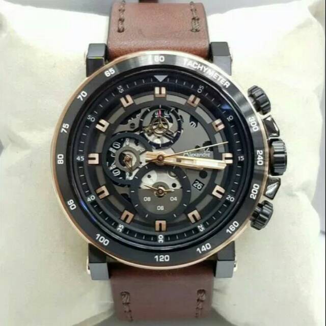 JAM TANGAN PRIA / COWOK ALEXANDRE CHRISTIE ROSE GOLD BLACK BROWN TALI KULIT ORIGINAL - HITAM AC 6429