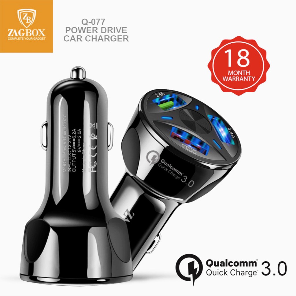 CAR CHARGER 3 USB ZAGBOX SAVER MOBIL QUICK CHARGER 3.0+2.4A