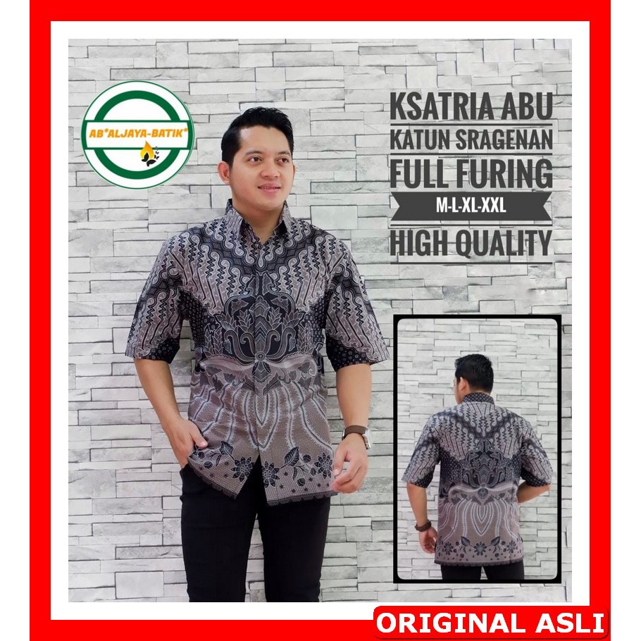PROMO BATIK PREMIUM MODERN KEMEJA BATIK SOLO Lengan Pendek Lapis Furing Aljaya Ksatria Abu paramarta