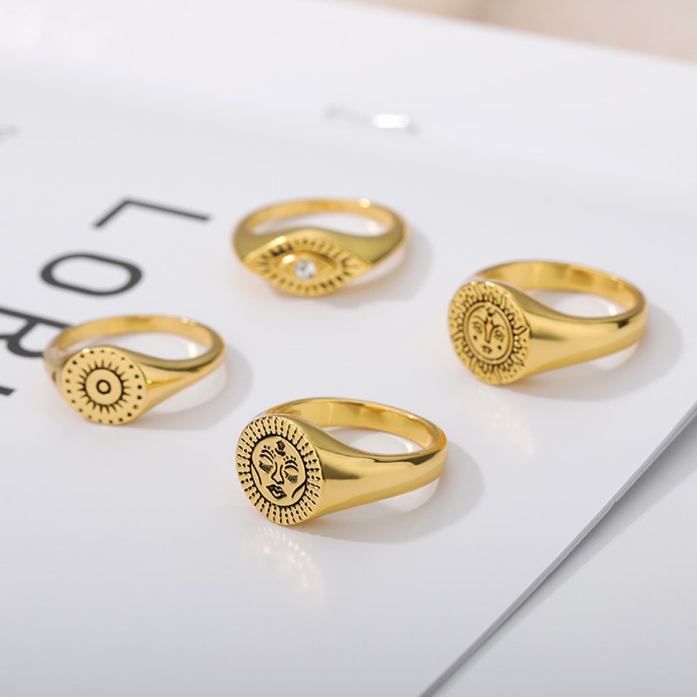 Needway  Gothic Finger Rings Vintage Sun Aesthetic Rings Eye Gift Flower Face Exaggeration For Men Women Fashion Jewelry