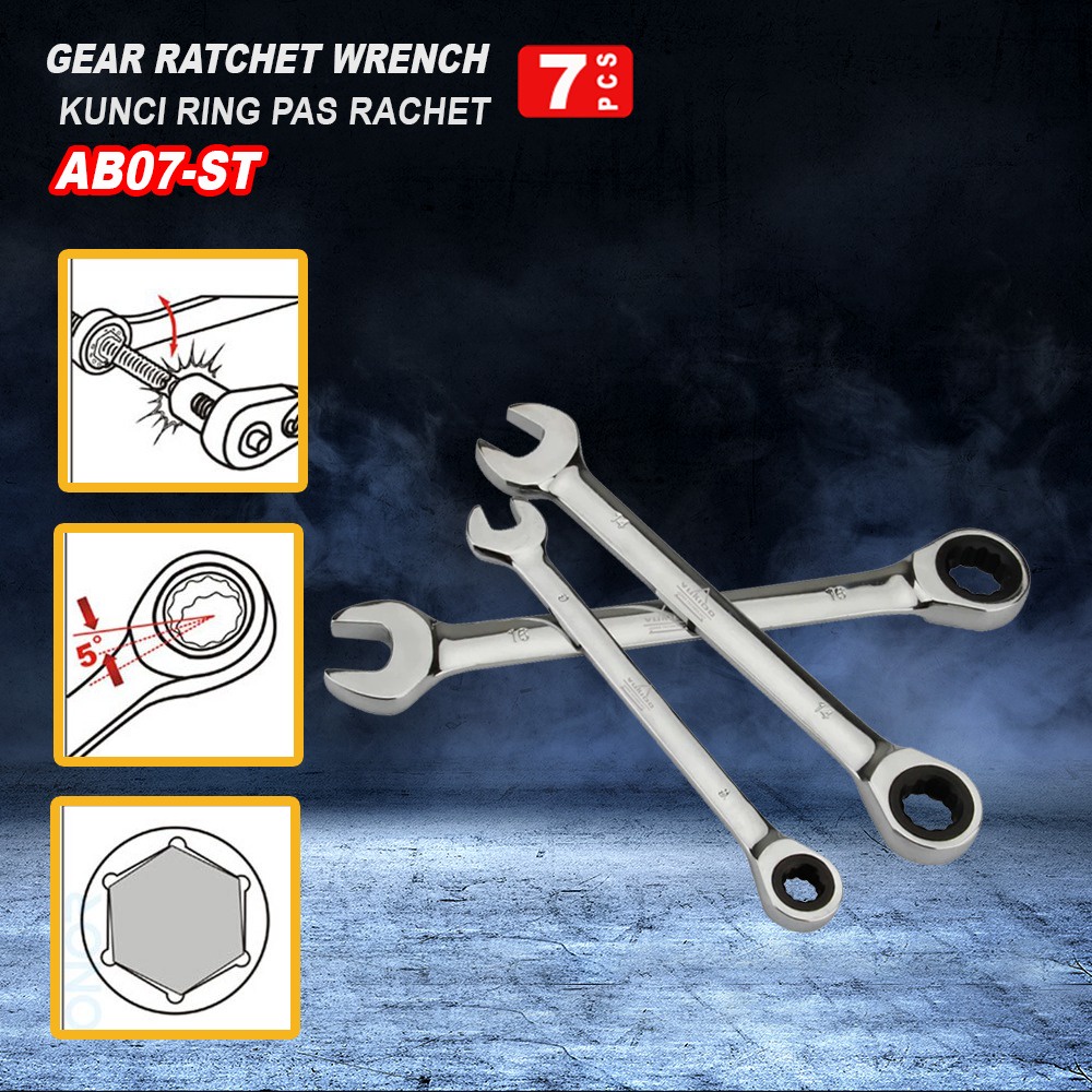 KUNCI RING PAS RATCHET CR-V SET 8m - 19MM 7PCS YUKIDO Kunci Rachet Ringpas Set 7pcs - Wrench Ring Pass Ratchet set 7 pcs Koper