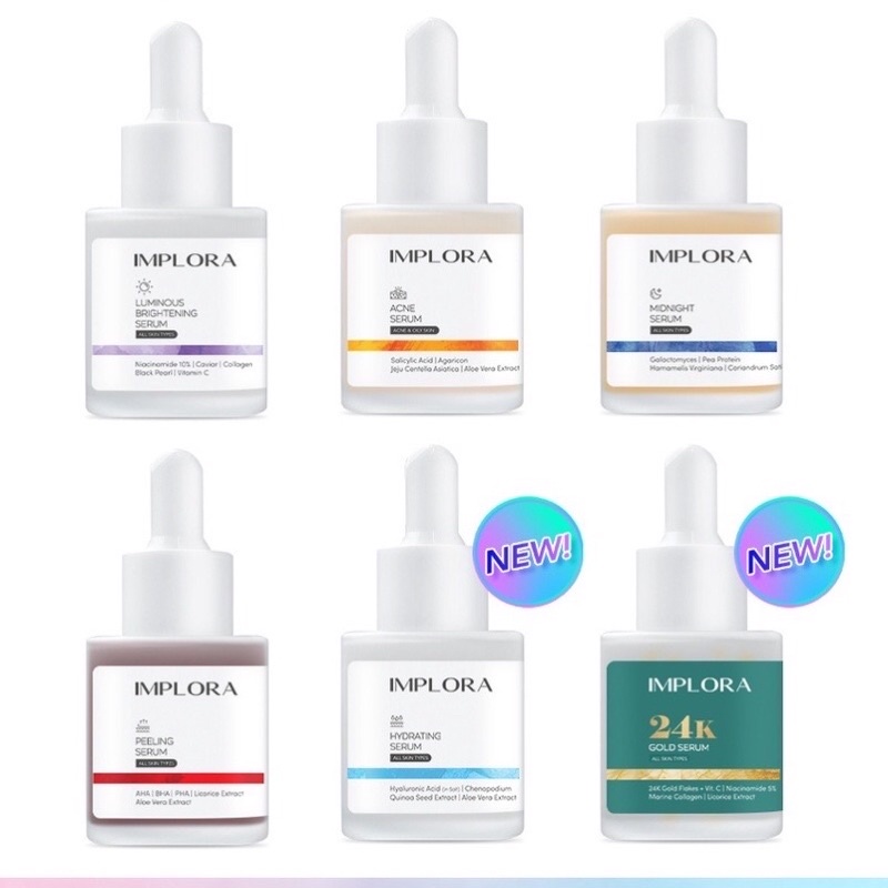 Implora Serum Wajah Gold/ Acne/Luminous/ Peeling/ Midnight/ Hydrating/ Bakuchiol/ Liporetinol/ DNA Salmon/ Birdnest