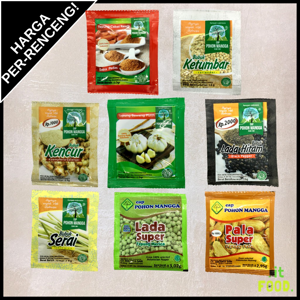 

bumbu dapur rempah bubuk bawang putih sachet lada hitam ketumbar pala sereh cabe rawit ketumbar