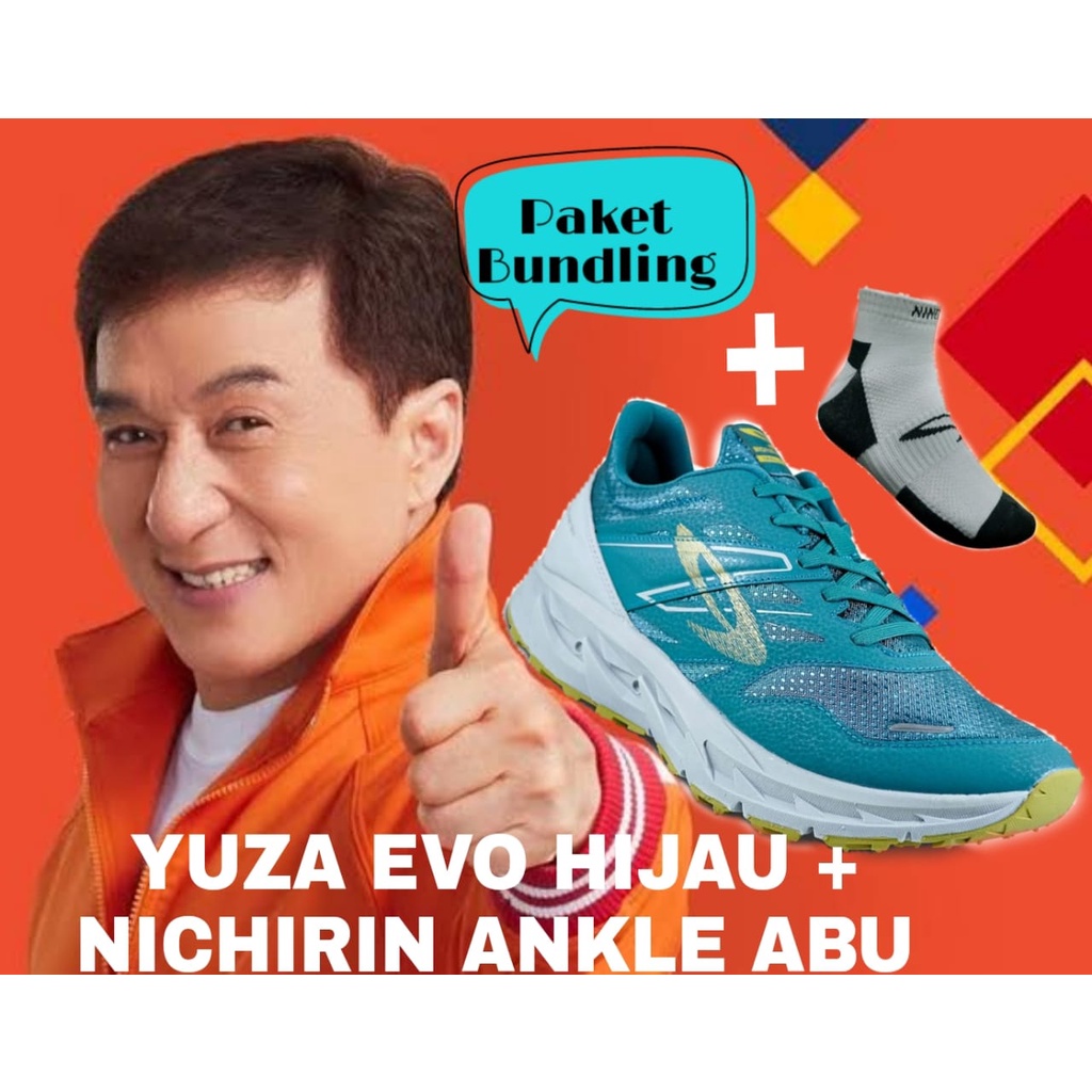 Bundling YUZA EVO Hijau Abu Emas - Sepatu Trail Running + Socks Nichirin Ankle Abu