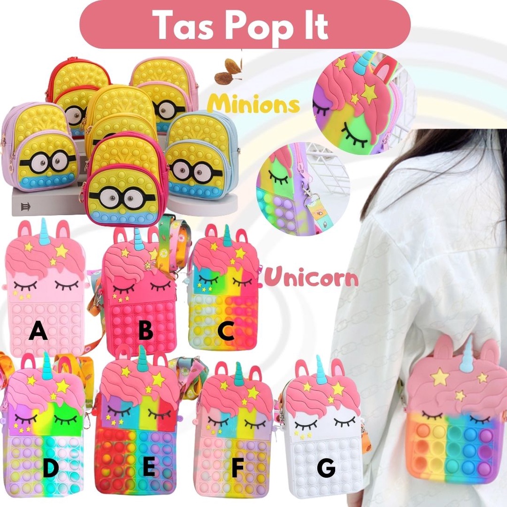 Tas Pop It Anak Motif Unicorn Pop It Minions Gamblok Gelembung Sensory Mainan Anak Size Kecil Tas Anak Rainbow Macaron Tas Selempang Unicorn