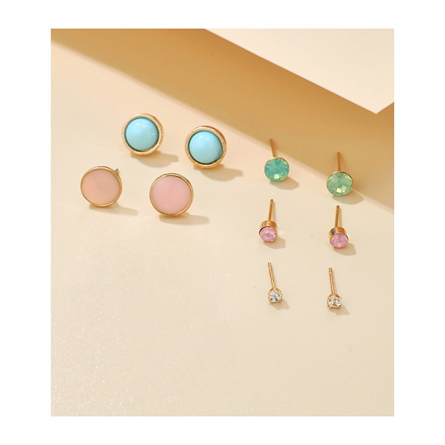 LRC Anting Set Fashion Color Mixing Round Turquoise Contrast Alloy Earrings Set P14824