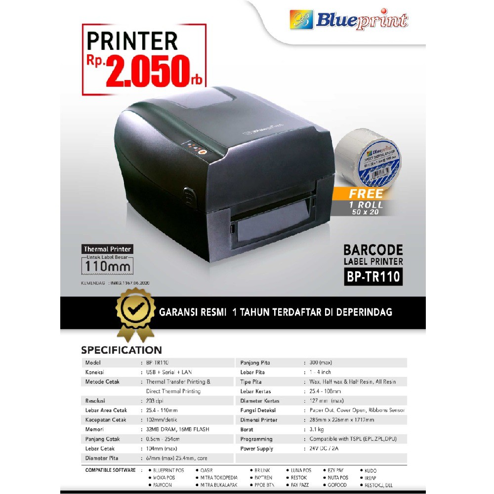 Blueprint TR110 Printer Label Thermal Barcode Harga Sticker Olshop ( USB + Serial + LAN )