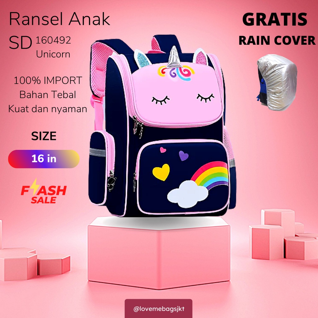 Tas anak perempuan Unicorn LMB Tas Sekolah Anak SD Ukuran 16in Kualitas Import Bahan Nylon Polyester Kuat dan Nyaman dipakai Karakter Unicorn lucu