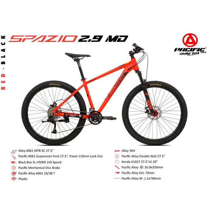 (Jne) Sepeda Gunung 27,5 Pacific Spazio 2.9 Md Alloy 2 X 9 Speed Hot R10