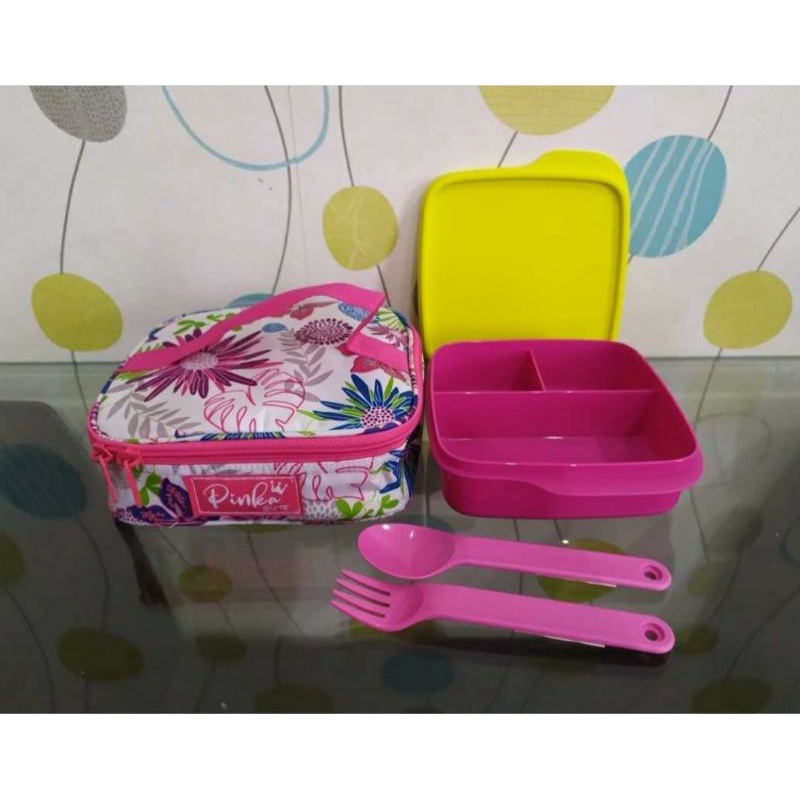 set tempat makan tepak makan tupperware plus sendok garpu dan tas lunch box set original tupperware