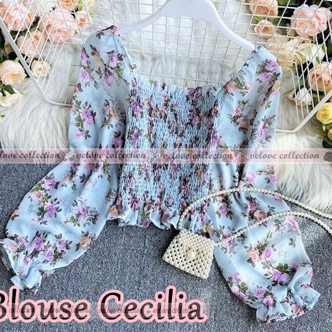 ♚ KALANTHA FASHION Blouse Serut Karet Sabrina Lengan Panjang Motif Bunga Bahan Sifon Casual ♖