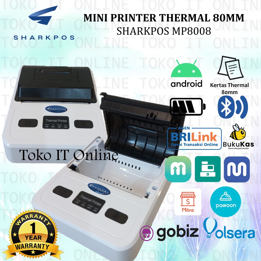 SHARKPOS MP-8008 PRINTER BLUETOOTH PORTABLE THERMAL KASIR/PPOB 80MM MP8008 BATERAI 2000MAH FAST CHARGING