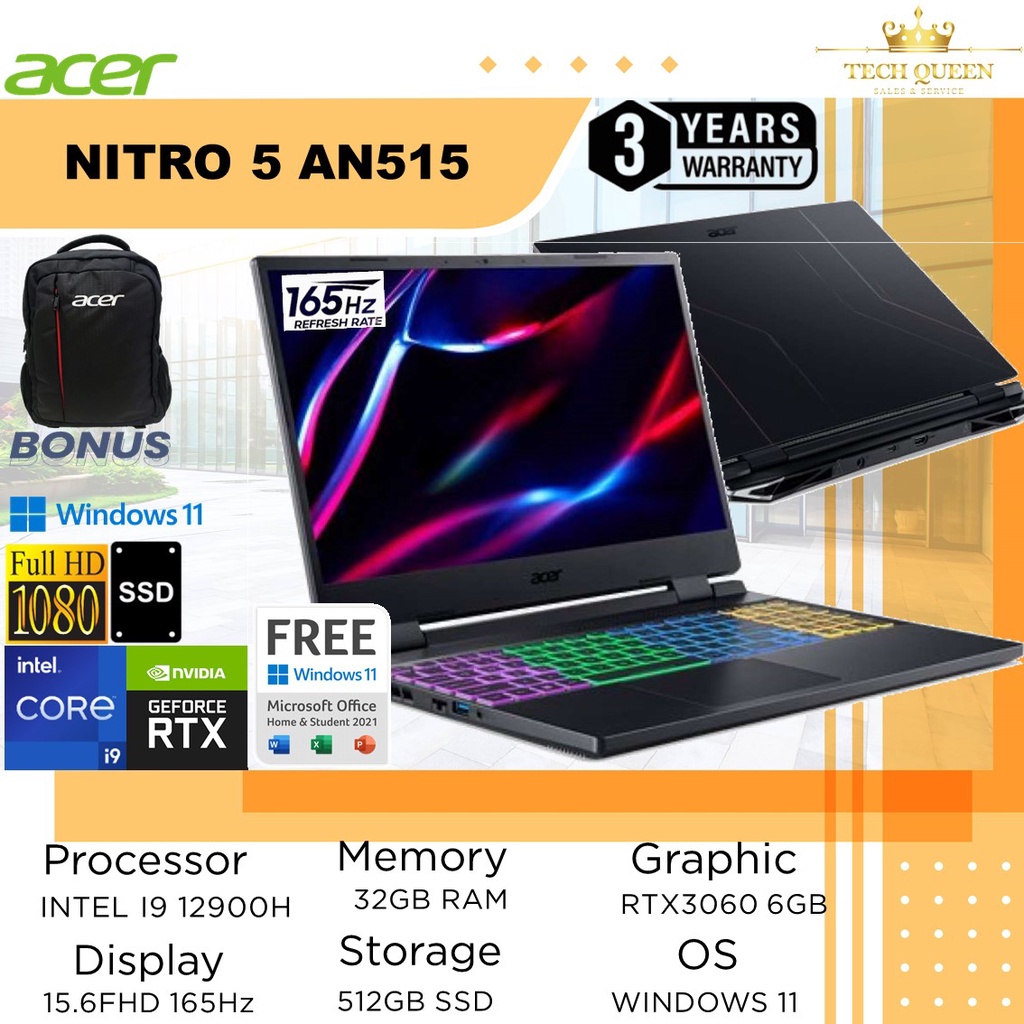 Acer Nitro 5 AN515 - i9 12900H Ram 16GB 512GB SSD - RTX3060 6GB Windows 11 15.6 Inchi FHD