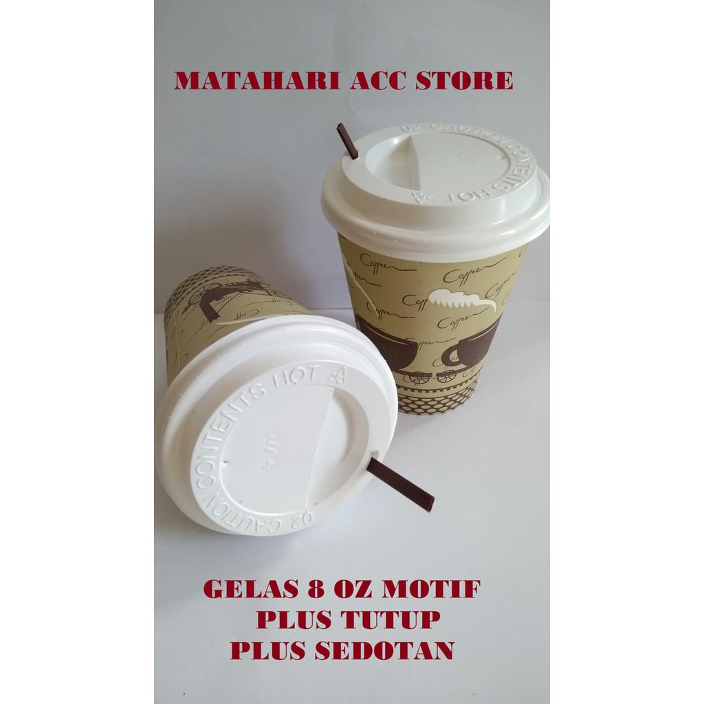 GELAS KERTAS KOPI + TUTUP + SEDOTAN / PAPER CUP MOTIF COFFEE 8 0Z MAS