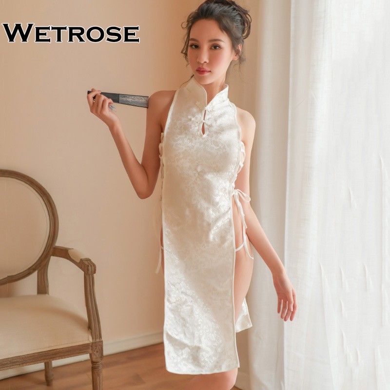 【Wetrose】Sexy Retro Hollow Strap High Slits Uniform Classic Chinese Cheongsam Qipao Lingerie Shanghai Style