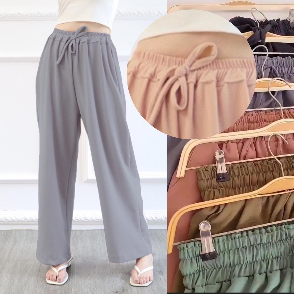 Celana Kulot wanita Rayon Crinkle Full Karet Pinggang Tali Serut
