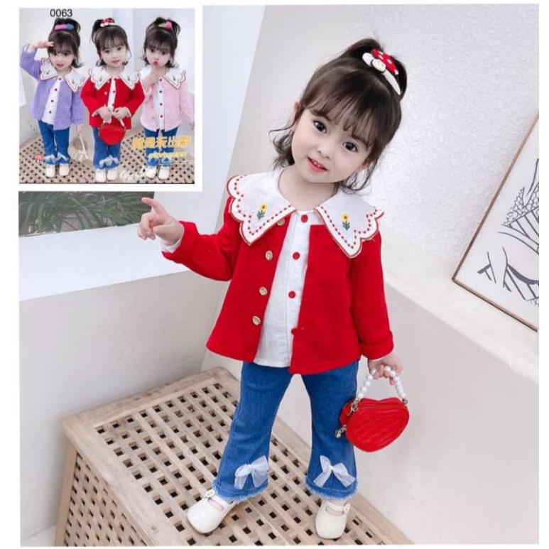 Setelan CELANA JEANS + BLOUSE VEST RAJUT  BRENDA anak cewek import 1-5 tahun/  Setelan Baju 3in1 Anak Perempuan  sweater rajut /  Setelan sweater rajut Anak Import Korea  /  Baju Anak Perempuan Korea Style