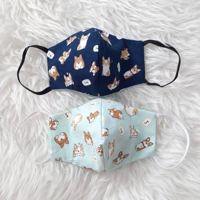 MASKER KAIN EARLOOP 100% KATUN IMPOR JEPANG MOTIF CORGI ANJING DOGGIE PUPPY LUCU BANGET