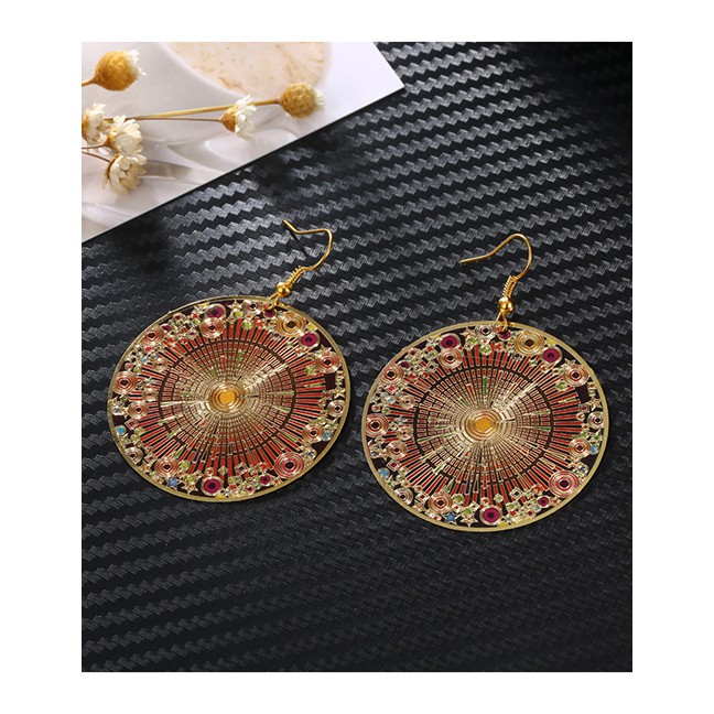 LRC Anting Gantung Fashion Golden Hollow Iron Round Earrings F63886