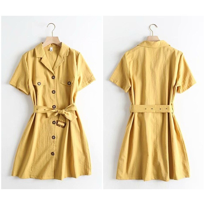 [baju wanita korea]  Belt Mini Dress Wanita Korea Import Yellow Kuning