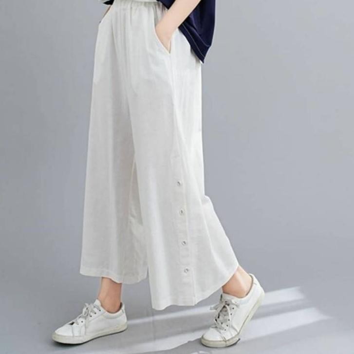 Kulot linen wanita Kancing Samping