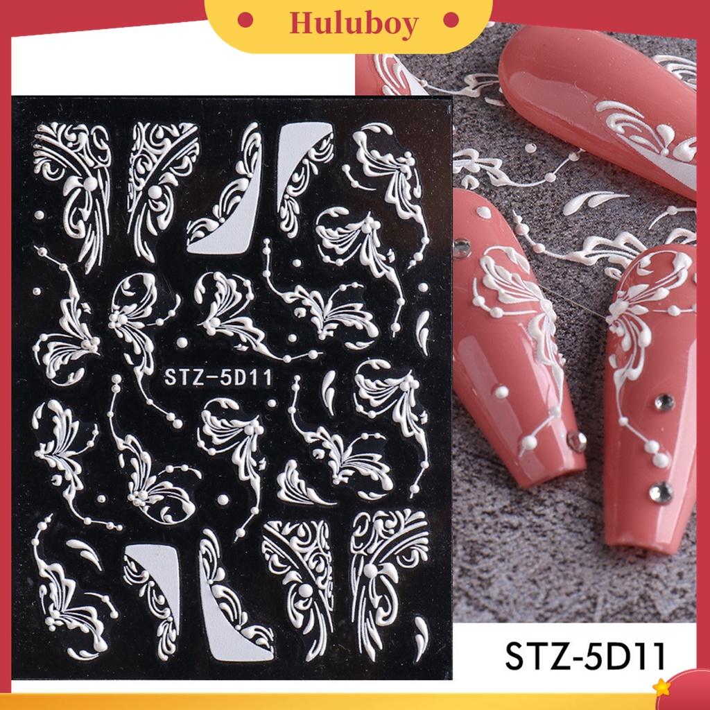 Huluboy Huluboy♡ Stiker Kuku Motif Bunga Timbul 5D Warna Putih Gaya Retro Untuk Dekorasi Manicure