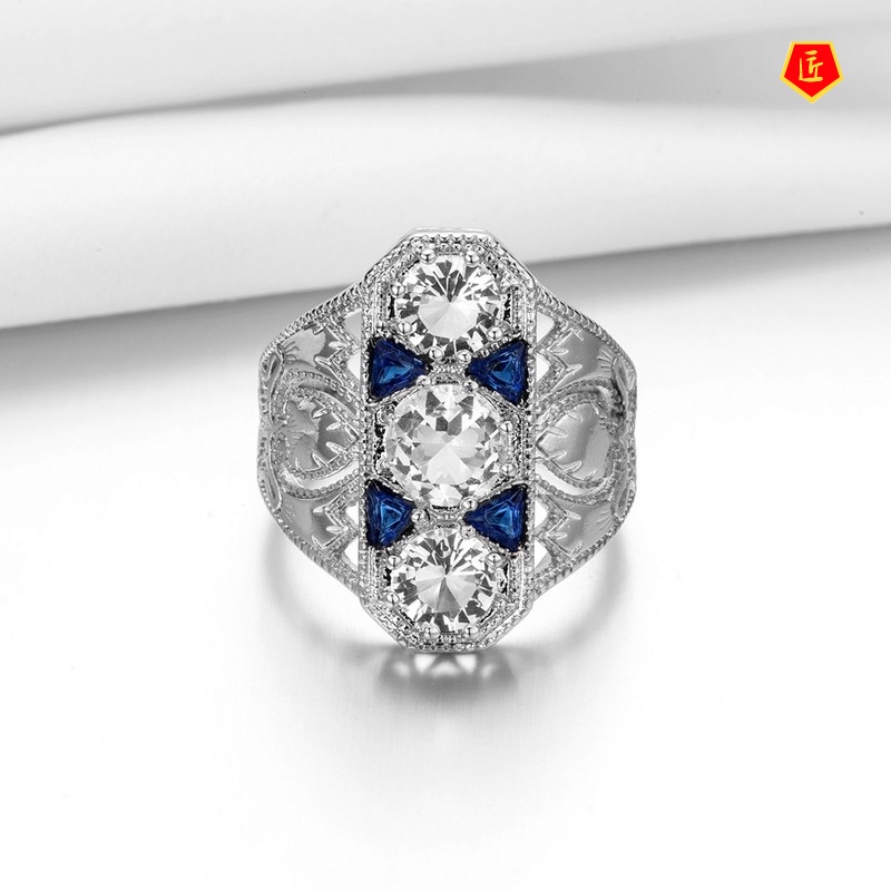 [Ready Stock]Luxury Topaz Sapphire Hollow Pattern Ring