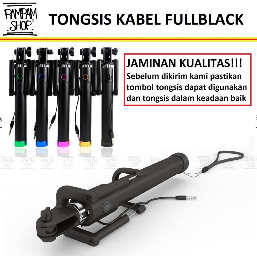 Tongsis Kabel Fullblack Full Black Selfie Stick Handphone Holder U