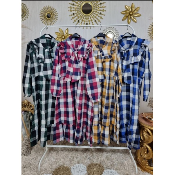 MIDI Dress Kotak Flanel ORI Meijiwang, MIDI Dress Bahan Flanel