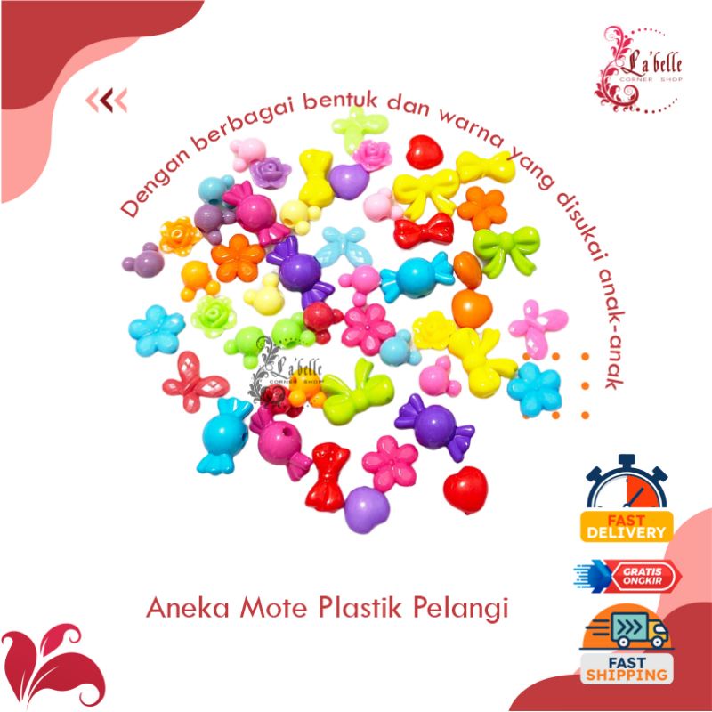 Aneka Mote Manik Plastik Rainbow Warna Warni Bahan Aksesoris