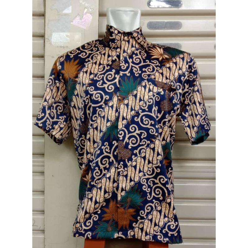 Kemeja Batik Pria Lengan Panjang Dan Lengan Pendek Motif Kenanga Navy