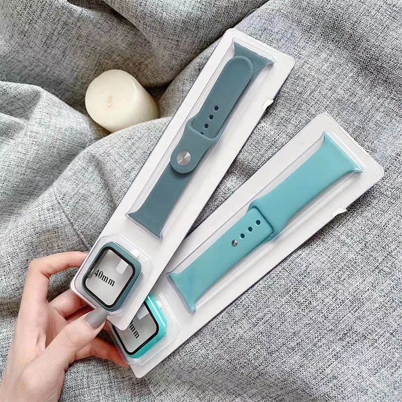 2PCS/ SET Tali Strap Sport Band  40mm 44mm +Kotak kaca yang dikeraskan untuk Apple Watch  iwatch Series 4 5 6 SE  Sillicone TOTALL