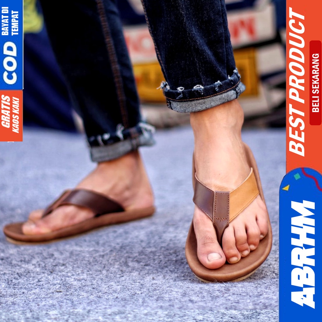 Sandal Casual Pria Kulit Asli Sendal jepit Original Murah Terbaru Kekinian JAVIT ABRHM