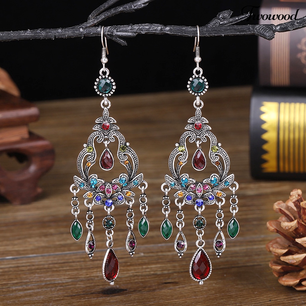 Twowood 1 Pair Dangle Earrings Hollow Flower Tassels Faux Crystal Vintage Long Lasting Hook Earrings for Wedding