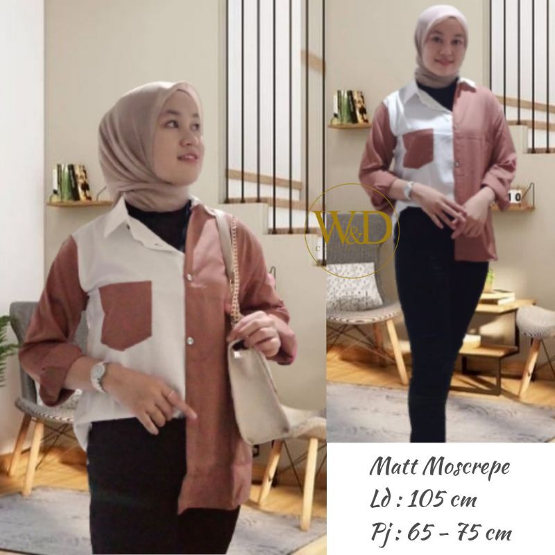 Kemeja Wanita Polos Casual Blouse Basic Kombinasi Warna Lengan Panjang Kekinian  Moscrepe